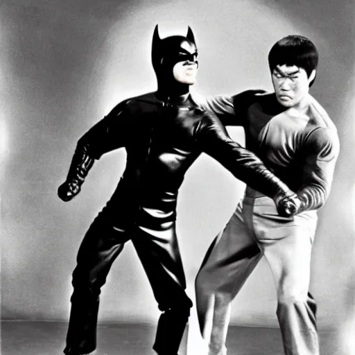 Prompt: Bruce Lee as Kato in Green Hornet, fighting Robbin and Batman , vintage black and white tv screen