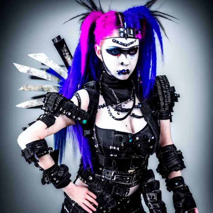 Image similar to photo of a real - life beautiful cybergoth warrior, 8 k, hdr, smooth, sharp focus, high resolution, award - winning photo