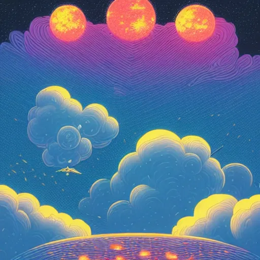 Image similar to harvest moon floating on cosmic cloudscape full of luminous fireflies, futurism, dan mumford, victo ngai, kilian eng, da vinci, josan gonzalez - h 8 9 6