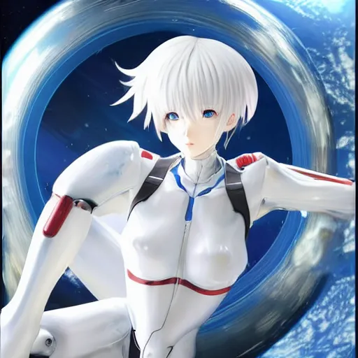 Image similar to This is a digital art piece by Yoshiyuki Sadamoto that is trending on artstation. It is a 8K UHD image of Rei Ayanami, a female anime character, inside a space station with technological rings. She is shot from the ground by Yoshiyuki Sadamoto. The environment is a concept design and the art is hyper realistic with intricate details.