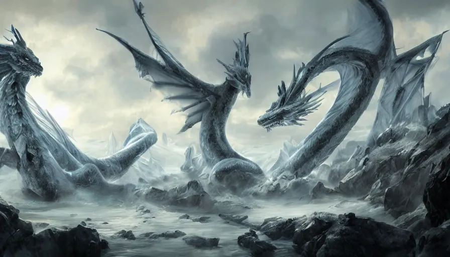 Image similar to epic ice dragon with trendy shapes in a nordic landscape under bright daylight with fluffy clouds, set in the words of the Forgotten Realms and Guildwars2, painted by Hans Fredrik Gude, Greg Rutkowksi and Artgerm, concept art 2022, ultra realistic masterpiece, contrasting details vs blank areas, oil on canvas