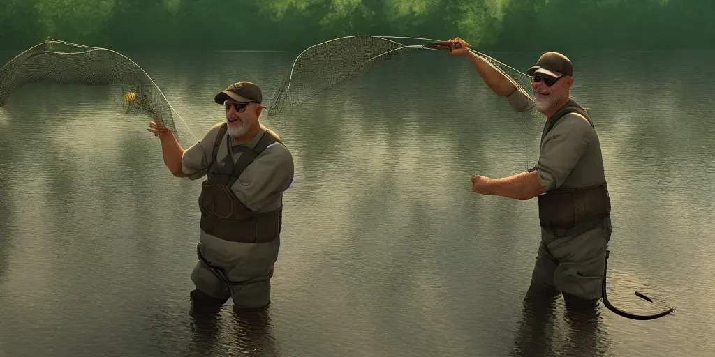 Image similar to Mike Ehrmantraut catching a trout in a net, smiling, river, sunny, cgsociety, artstation, cinematic