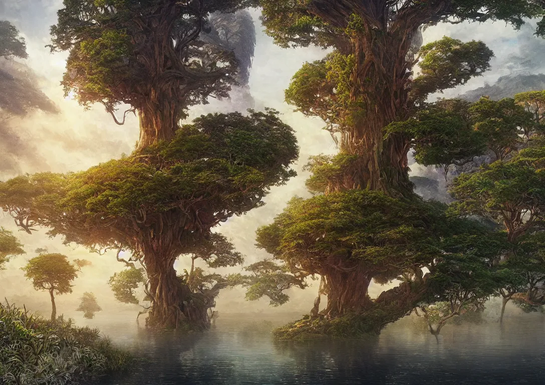 Prompt: beautiful hyper realistic detailed matte painting of big fantasy tree of life in the middle of lake in garden of eden, hdr, by Moebius and John Howe and Albert Bierstadt and Alena Aenami, ultra detailed, high resolution