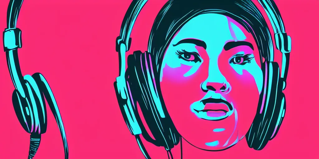 Prompt: “a closeup of a female face with headphones in retro colors, synthwave style, 2d digital vector art”