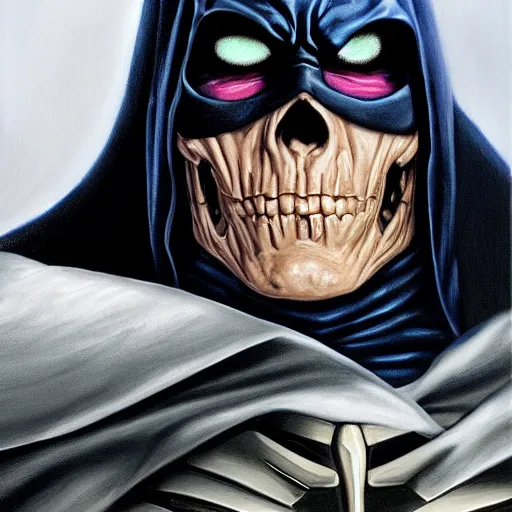 Prompt: ultra realistic portrait painting of skeletor as batman, art by mark taylor, 4 k, ultra realistic, highly detailed, epic lighting