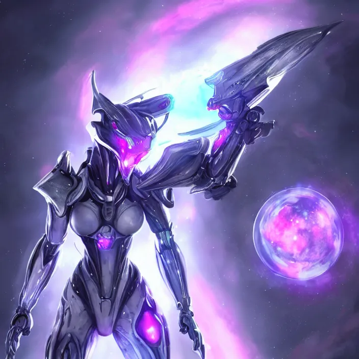 Image similar to cinematic shot, bust, cosmic sized perfectly proportioned stunning beautiful hot female warframe, anthropomorphic robot mecha female dragon, silver, fuschia leds, floating in empty space, nebula sized, holding a galaxy, epic proportions, epic size, epic scale, furry art, dragon art, giantess art, warframe fanart, furaffinity, deviantart