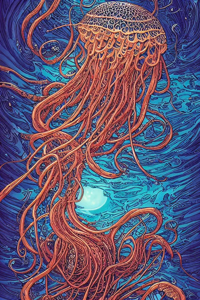 Prompt: a beautiful ultradetailed comic cover art of gigantic glowing layered intricate jellyfish creatures with long flowing tendrils, by Laurie Greasley and Peter Mohrbacher and Quentine Mabilles and Dan Mumford, tarot card art, detailed shading, micro details, dramatic lighting, volumetric lighting, 8k