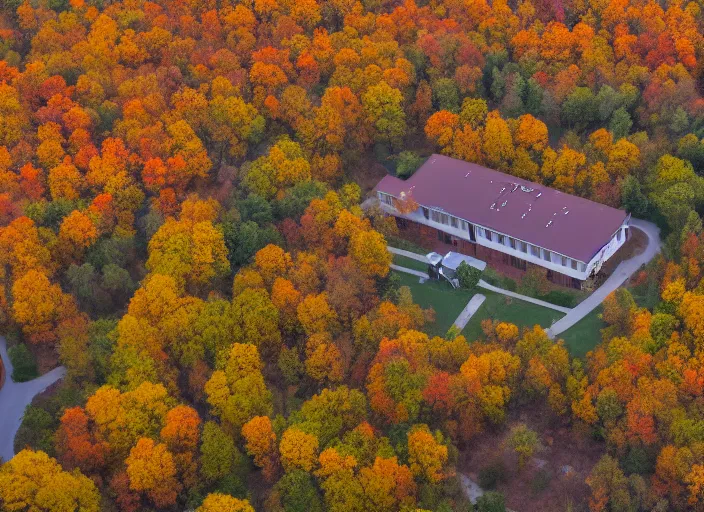 Image similar to low drone shot of a ranch style School campus in the middle of the Woods during autumn