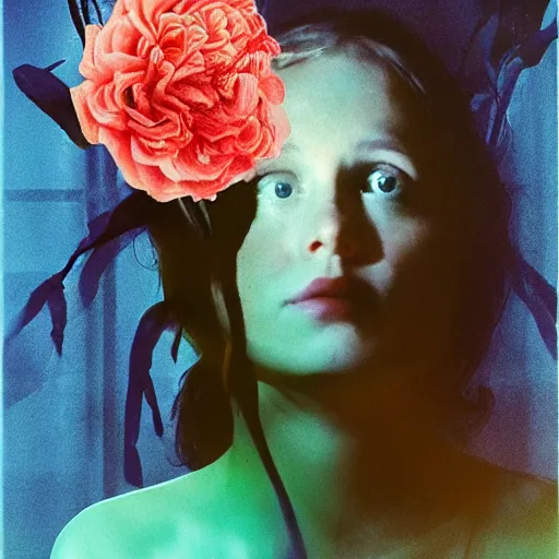 Prompt: movie still of the girl with the flowers head, cinematic composition, cinematic light, by edgar wright and david lynch, surrealist art, surreal wave art