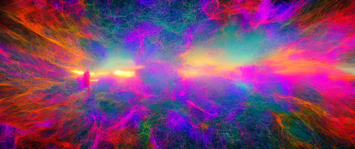 Image similar to dream landscape, houdini software simulation, glitch art, particle flow, volumetric object, physical particles, translucence, cinematic lighting, iridescence, by ash thorpe