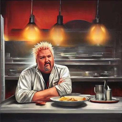 Prompt: Guy Fieri in a modern restaurant kitchen, painting by Greg Rutkowski, dramatic lighting, at night, sharp focus