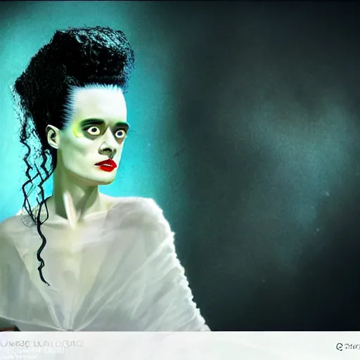 Image similar to a realistic detailed studio portrait photo of a the bride of frankenstein, vaporwave