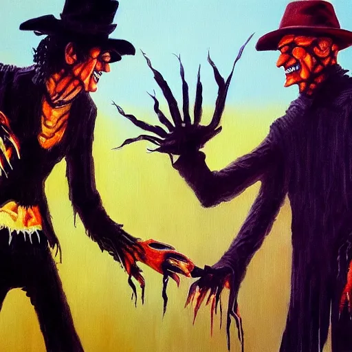 Image similar to Freddy Krueger shaking hands with Edward Scissorhands, oil painting, 8k, trending on artstation