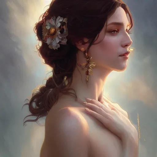 Image similar to portrait of a beautiful woman,grief, elegant, intricate, headshot, highly detailed, digital painting, artstation, concept art, sharp focus, illustration, art by artgerm and greg rutkowski and alphonse mucha