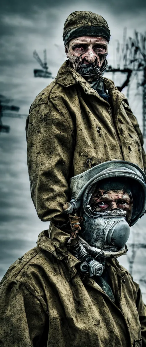 Image similar to an award winning portrait photo of chernobyl liquidator, postapocalyptic, 4 k, high quality, sharp focus