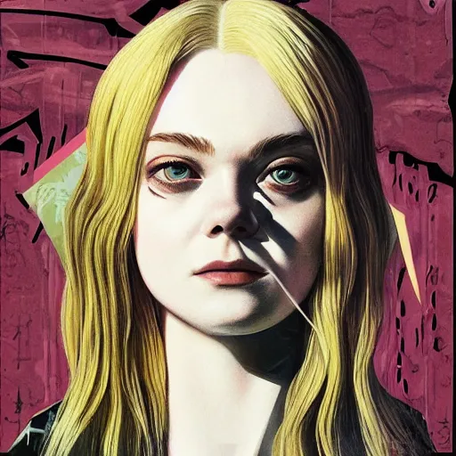 Prompt: Elle Fanning on a heavy metal album cover picture by Sachin Teng, asymmetrical, dark vibes, Realistic Painting , Organic painting, Matte Painting, geometric shapes, hard edges, graffiti, street art:2 by Sachin Teng:4