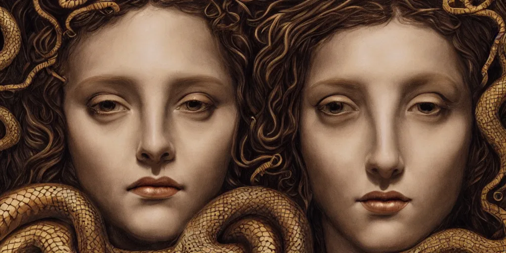 Image similar to realistic portrait of medusa with her snakes, golden, delicate, hyper realism, 1 4 5 0, ink, ultra realistic, 8 k