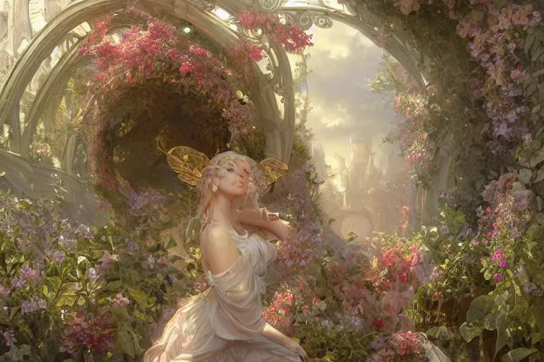 Prompt: ultra realistic illustration, baroque fairy gateway to flowerland from diablo and baldurs gate, intricate, elegant, highly detailed, digital painting, artstation, concept art, smooth, sharp focus, illustration, art by artgerm and greg rutkowski and alphonse mucha