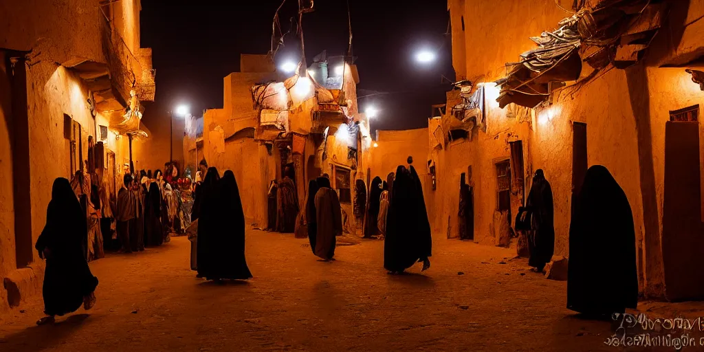 Image similar to el mowlid street rituals in medieval ghardaia, night lights, crowded, cinematic, volumetric light, moody