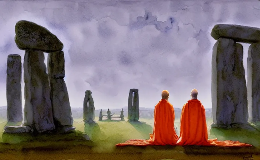 Image similar to a hyperrealist watercolour character concept art portrait of one small grey medieval monk and another giant orange medieval monk kneeling down in prayer in front of a complete stonehenge monument on a misty night. a huge stone is in the sky. by rebecca guay, michael kaluta, charles vess and jean moebius giraud