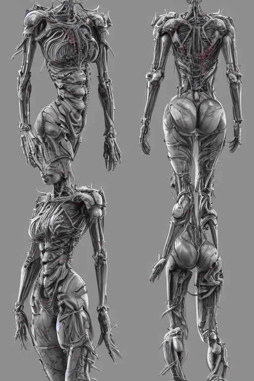 Image similar to she devil with gunmetal grey skin, medical anatomy, very symmetrical face, highly detailed, mecha, three - perspective / three - view reference sheet ( front / back / side ), in the style of dan ouellette, hr giger, sil from species, dren from splice, biomechanical, artstation, unreal engine