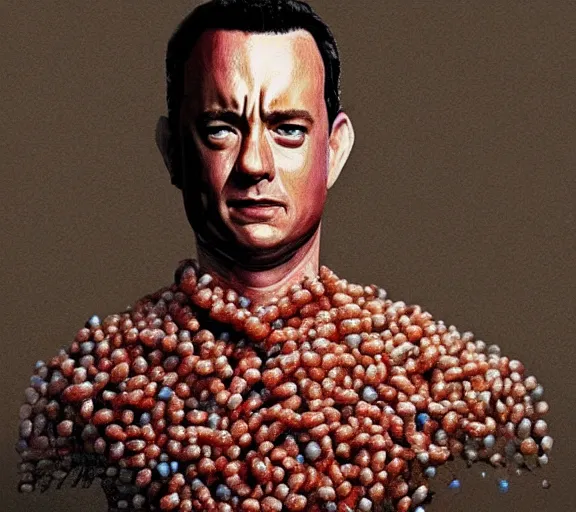 Image similar to Tom hanks as forrest gump wearing a necklace made out of shrimps around the neck, realistic face, digital art, in the style of Marek Okon, amazing detail, artstation, long shot