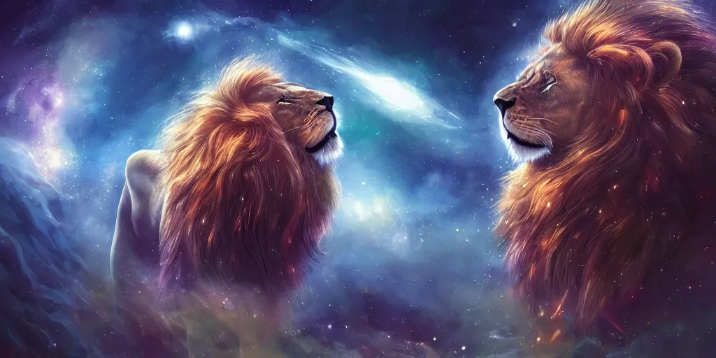 Image similar to great cosmic lion basked in dark matter in space, concept art, digital illustration, trending on artstation, deviantart, artgerm, epic composition, masterpiece, highly detailed, advanced technique, ambient lighting, wlop, ross draws