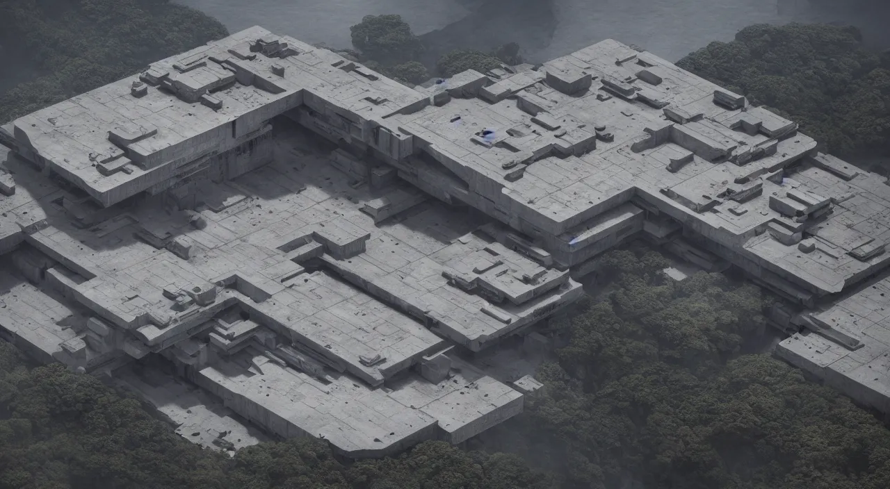 Image similar to big brutalist imperial military base on cliffs, drawing architecture, very long shot, top angle, imperial architecture in rogue one, pritzker architecture prize, brutalism architecture, jan urschel