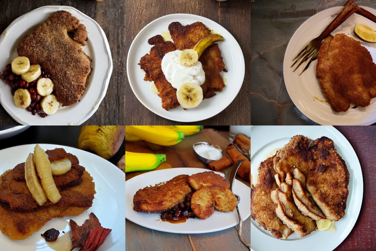 Prompt: delicious cinnamon roasted banana schnitzel, food blog photo