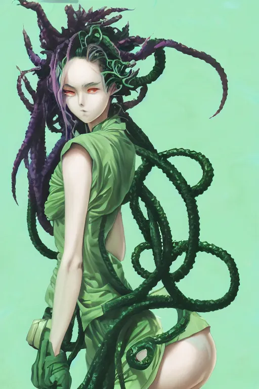 Image similar to portrait of an anime manga girl with green snake dreads, straight on, by artgerm, james jean, tom bagshaw, gerald brom, vaporwave colors, lofi colors, vaporwave, lofi, goth vibe, 4 k, smooth, hd, substance designer render, full body character concept art, symmetrical,