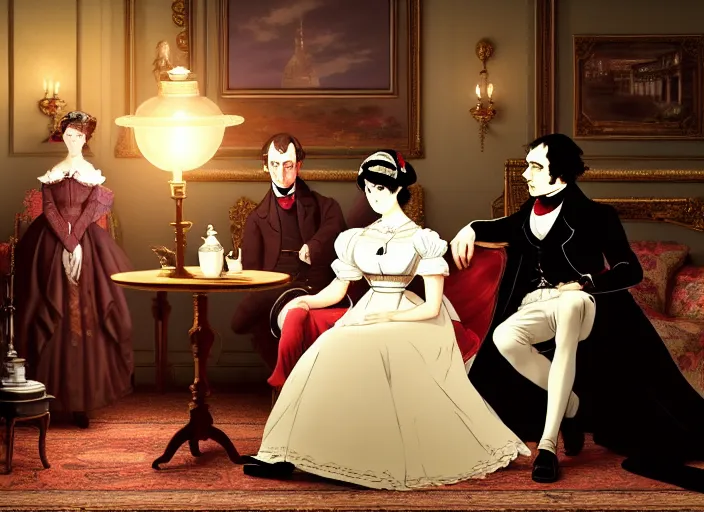 Image similar to victorian britain 1 8 3 6, wealthy couple william and fanny nightingale entertain numerous guests in english victorian manor, adolecent florence nightingale reciting poetry, lamp light, finely detailed perfect art, gapmoe yandere grimdark, trending on pixiv fanbox, painted by greg rutkowski makoto shinkai takashi takeuchi studio ghibli