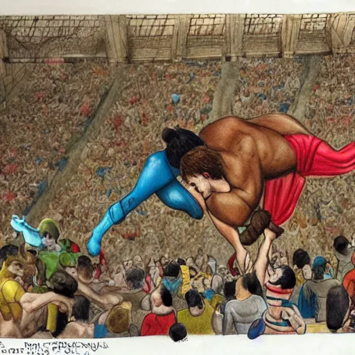 Image similar to hero wrestling against a lion in the middle of an arena, crowd of people sitting down in the stands, pencil art, added detail, high definiton, colored, aerial view