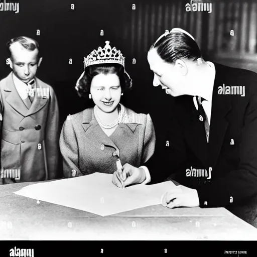 Image similar to 5 0 mm 1 9 4 6 historical photo, of a single general and a young queen elizabeth signing a peace treaty, a cute corgi watches from above, french village interior, highly detailed, sharp focus, symmetrical face