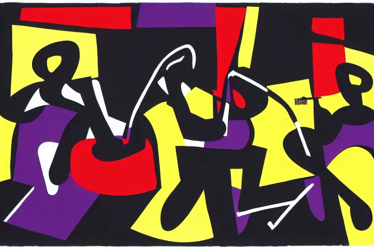 Image similar to 3 jazz musicians, head and shoulders playing with musical notes as abstract art in the style of Stuart Davis,shading, matte illustration