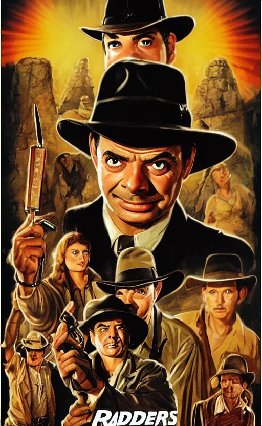 Image similar to raiders of the lost ark, featuring mr. bean, movie poster in the style of richard amsel & drew struzan