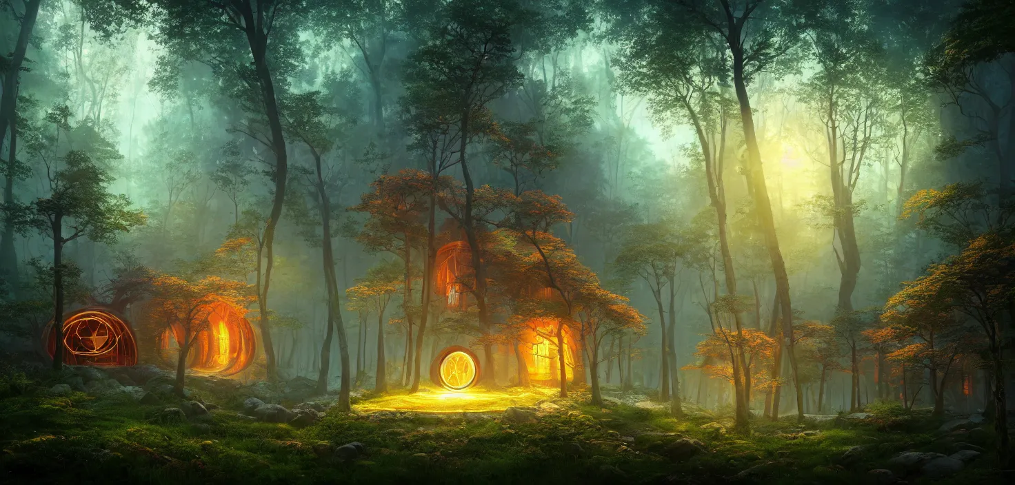 Image similar to random mystic forest house landscape, big round glowing multicoloured portal house, central symmetrical composition, incredible, vector art, octane render, fabulous, hyper detailed, random cinematic view, no noise, global illumination, warm lighting, volumetric, godrays, vivid, beautiful, by jordan grimmer