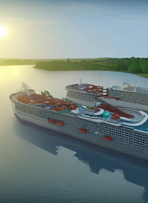 Prompt: a cruise ship and cargo ship combined, that have a giant farm on deck, futuristic, ultra-realistic, 8K, unreal enging