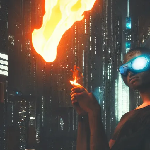 Image similar to young man with a black colored flame in his hand, facing a city Futuristic cyberpunk, hyperrealistic, high quality, multiple details