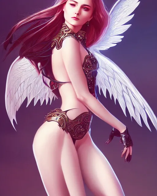 Prompt: 3 / 4 view of woman with wings, confident pose, pixie character, genshin impact, intricate, elegant, sharp focus, illustration, highly detailed, concept art, matte, artgerm, anime, trending on artstation