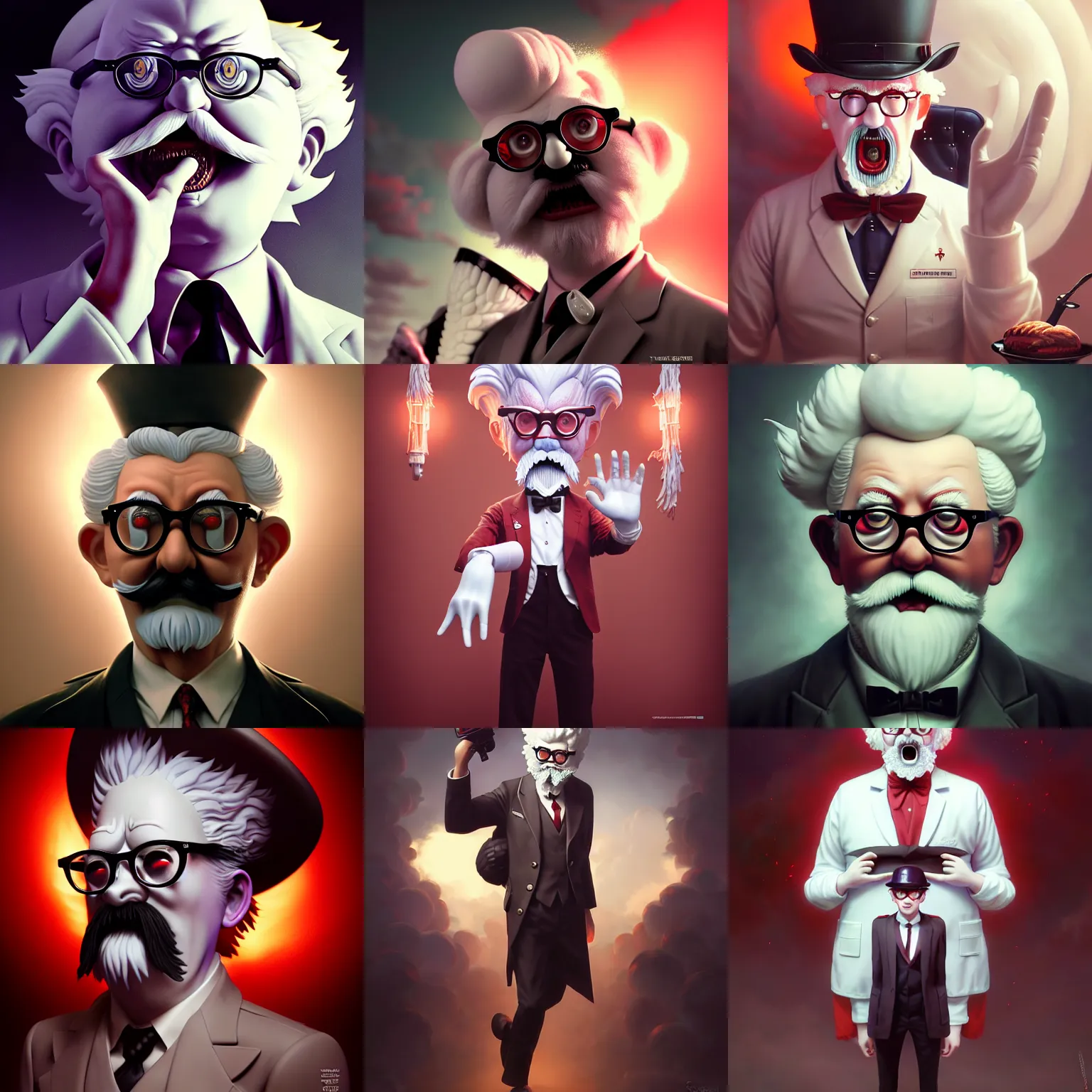 Prompt: nightmare colonel sanders, scared, surreal, phantasmagoric, by tom bagshaw and ilya kuvshinov, rtx rendering, octane render 1 2 8 k, maya, extreme high intricate details by wlop, digital anime art by ross tran, medium shot, composition by sana takeda, dramatic lighting by greg rutkowski