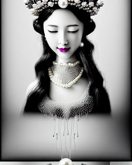 Image similar to black and white dreamy young beautiful crowned female artificial intelligence, crown is full of flowers and pearls, realistic pearl ornament in the face, long hair are intricate with highly detailed realistic pearls, cinematic, rim light, bokeh, photo - realistic, elegant, high detail, 8 k, masterpiece, photo taken in 1 9 3 0