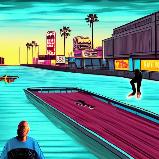 Image similar to skate in ocean. pop punk art, gta liberty city stories style art, no duplicate image, glowing lights, ultra details, digital painting, artstation, concept art, smooth, sharp focus, krita illustration, intricate, art by richard hamilton and mimmo rottela, pixels art by kirokaze and paul robertson - h 7 6 8