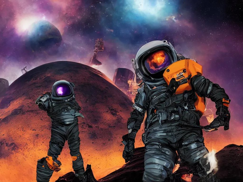 Prompt: portrait of a sad overweight teenager with emo haircut, wearing gothy purple and black space spandex suits, smashed burning spacecraft wreckage in the background, on the orange surface of mars, highly detailed, dramatic lighting, photorealistic, cinematic