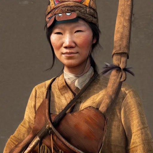 Image similar to a portrait of a female Mongolian warrior, rustic and weathered, holding a bow, retro, with a scar on her face. trending on artstation, ambient lighting, 4k render, ultra hd, behance art