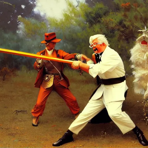 Prompt: colonel sanders with katana fighting donald mcdonald, highly detailed painting by gaston bussiere, craig mullins, j. c. leyendecker, 8 k