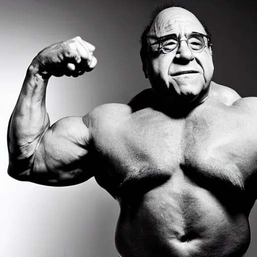 Prompt: a photoshoot of an extremely buff danny devito flexing his muscles, dramatic, studio lighting, black and white
