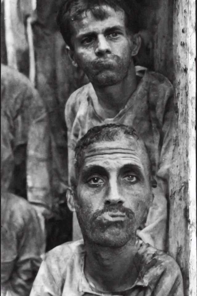 Prompt: a photograph by Ralph Eugene Meatyard of the Abu Graihb prisoner photograph