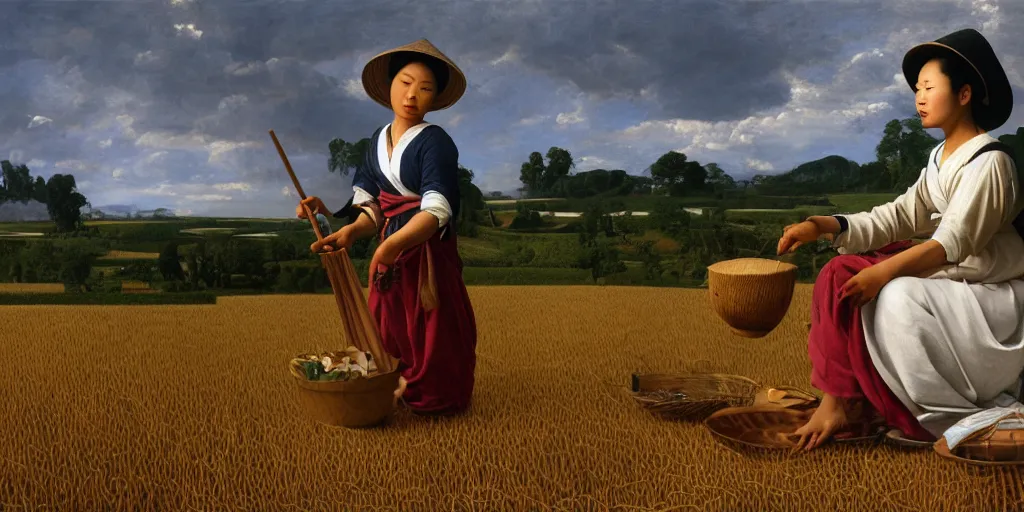 Image similar to beautiful oil matte portrait painting, vietnamese woman of an elevated rice field tending to her work, wonderful masterpiece highly detailed, beautiful cinematic light deep focus, elegant, digital painting, smooth, sharp focus, golden ratio, dramatic illumination, ultra realistic, 8 k, art by artemisia lomi gentileschi and caravaggio