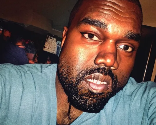 Prompt: my uncle that look like Kanye West if he was poor asf accidentally taking a selfie with the front camera lol, squinting because the camera flash is so bright in his face, viral, selfie, viral on twitter, viral on instagram, viral photo