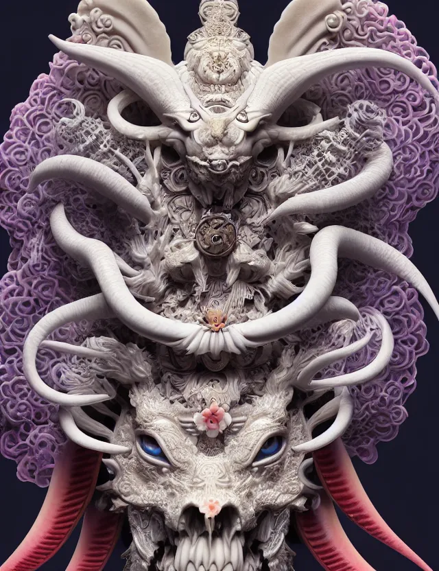 Image similar to 3 d goddess close - up profile portrait of satanic with ram skull. beautiful intricately detailed japanese crow kitsune mask and clasical japanese kimono. betta fish, jellyfish phoenix, bio luminescent, plasma, ice, water, wind, creature, artwork by tooth wu and wlop and beeple and greg rutkowski